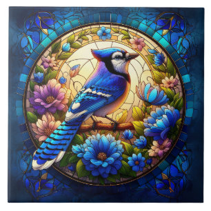Elegant Blue Jay Stained Glass Nature-Inspired  Ceramic Tile