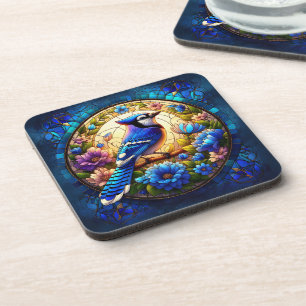 Elegant Blue Jay Stained Glass Nature-Inspired  Coaster
