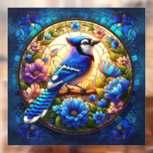 Elegant Blue Jay Stained Glass Window Cling