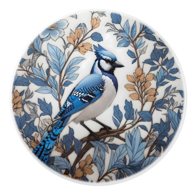 Elegant Blue Jay William Morris Inspired Ceramic Knob (Front)