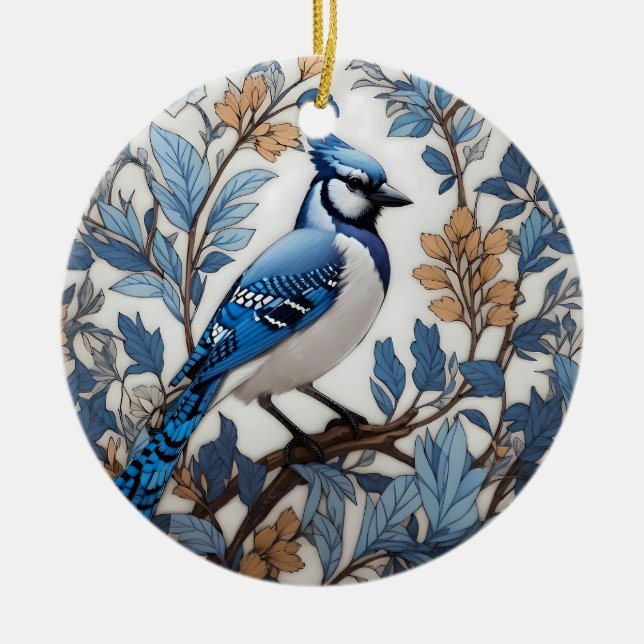 Elegant Blue Jay William Morris Inspired Ceramic Ornament (Front)