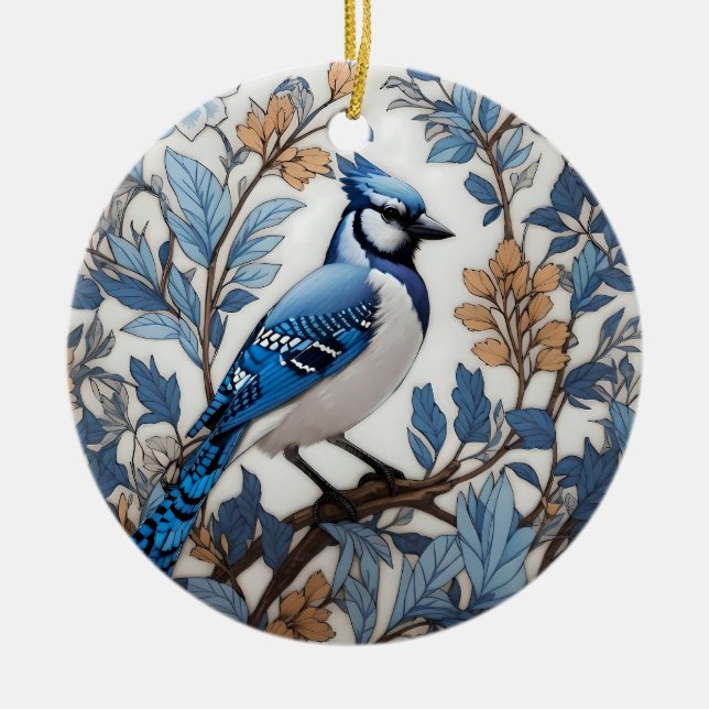 Elegant Blue Jay William Morris Inspired Ceramic Ornament (Front)