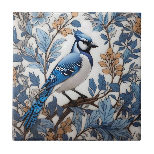 Elegant Blue Jay William Morris Inspired Ceramic Tile (Front)