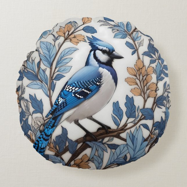 Elegant Blue Jay William Morris Inspired Round Cushion (Front)