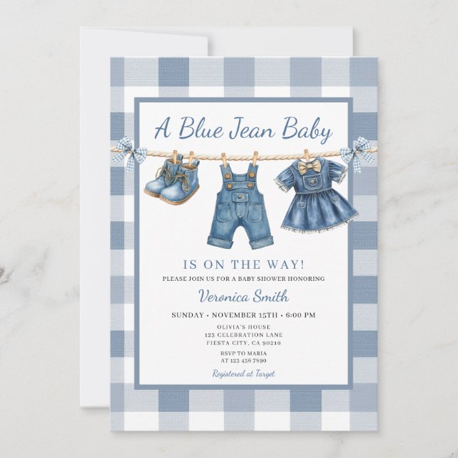Elegant Blue Jean Clothesline Denim Baby Shower Invitation (Front)