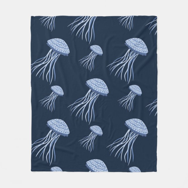 Elegant Blue Jellyfish Seamless Pattern | Coastal  Fleece Blanket (Front)