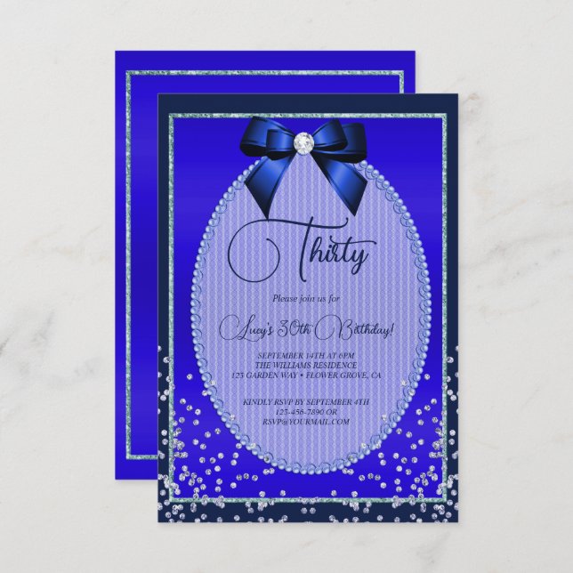 Elegant Blue Jewel Bow & Confetti Birthday Invitation (Front/Back)
