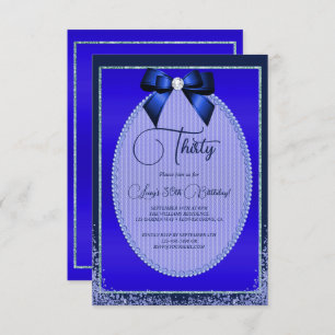 Elegant Blue Jewel Bow & Glitter Birthday Invitation