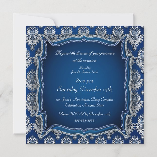 Elegant blue jewel damask any occasion invitation (Front)