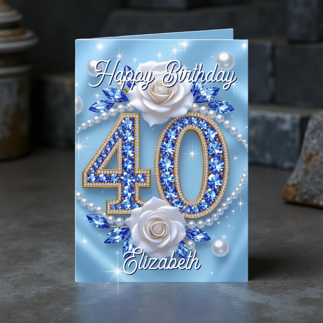Elegant Blue Jewels and Pearls 40th Birthday Card (Creator Uploaded)