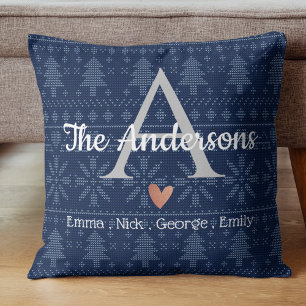 Elegant Blue Knit Pattern Family Name Monogram Cushion