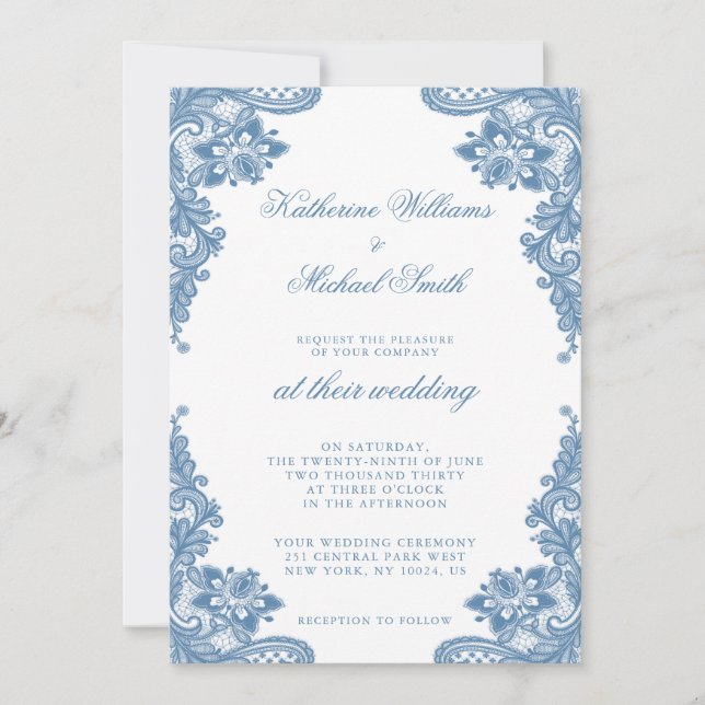 Elegant Blue Lace Wedding Invitations (Front)