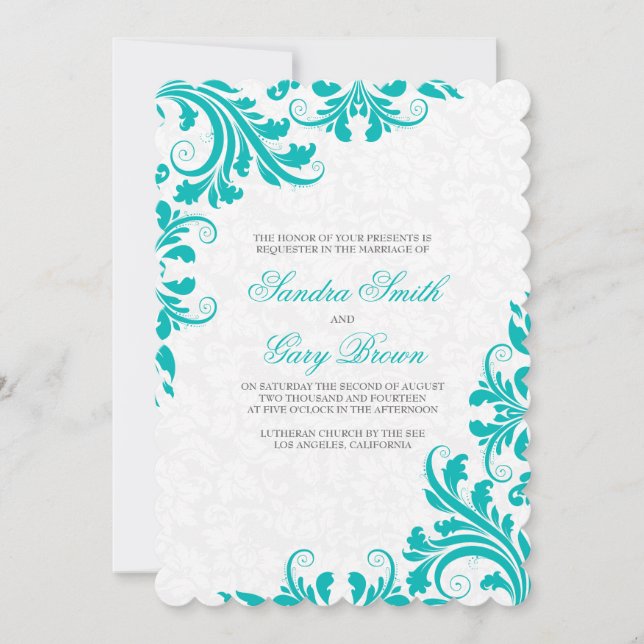 Elegant Blue Lace White Damasks Wedding  Invitation (Front)