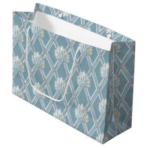 Elegant Blue Lattice Ivory Feather Fans Pattern Large Gift Bag