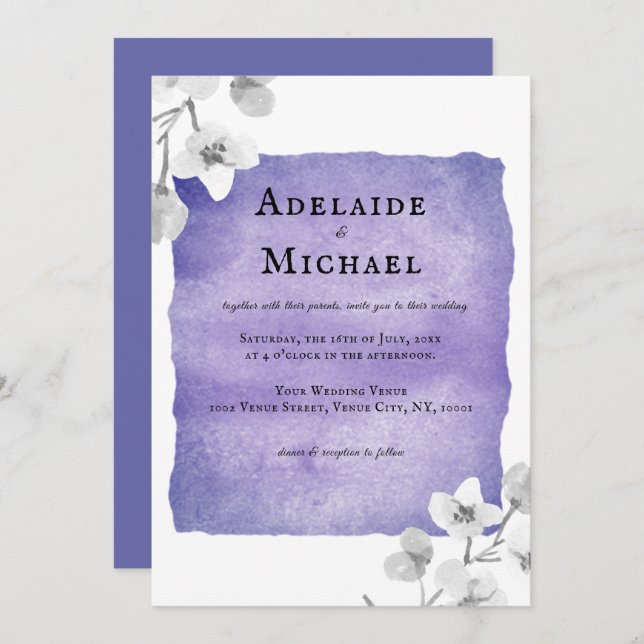 Elegant Blue Lavender Floral Watercolor Wedding Invitation (Front/Back)