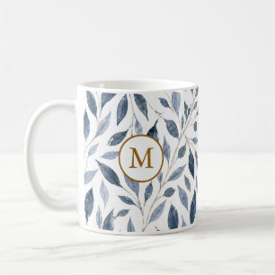 Elegant Blue Leaf Monogram Mug with Gold Initial