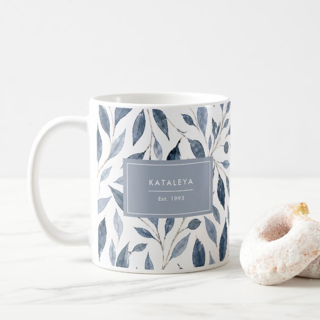 Elegant Blue Leaf Mug with Custom Name (With Donut)