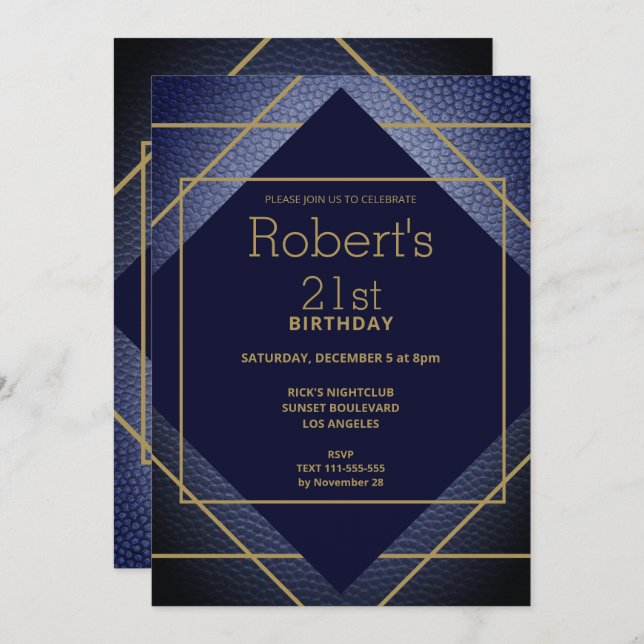 Elegant Blue Leather 21st Birthday Invitation (Front/Back)