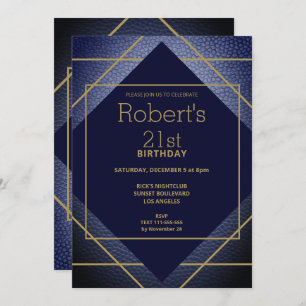 Elegant Blue Leather 21st Birthday Invitation
