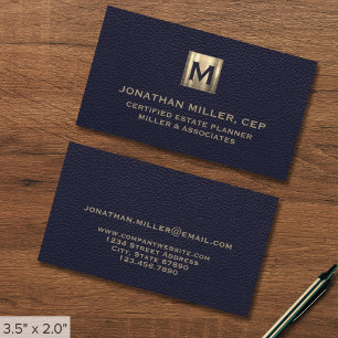 Elegant Blue Leather Luxury Gold Initial Logo Business Card