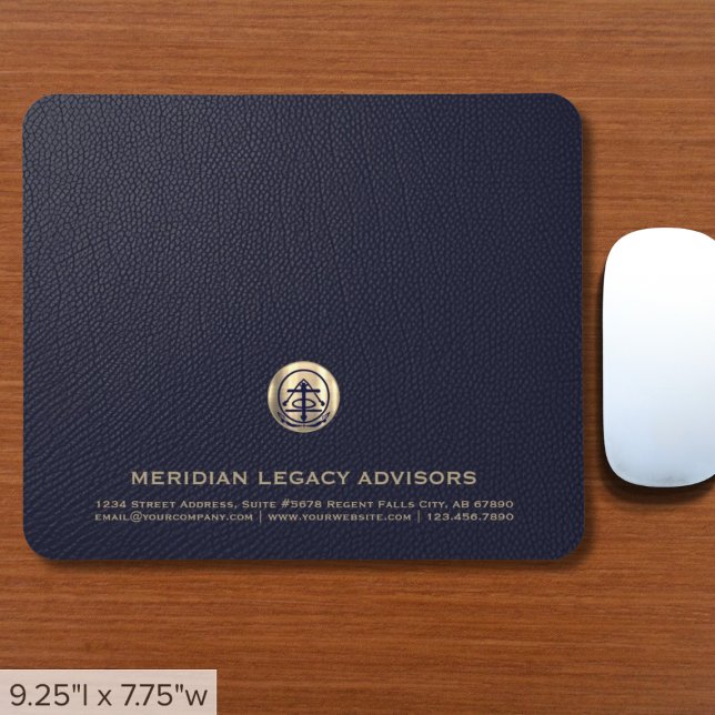 Elegant Blue Leather Luxury Gold Logo Mouse Pad (Elegant Blue Leather Print Mousepad with Customizable Gold Logo Customizable for Any Profession)