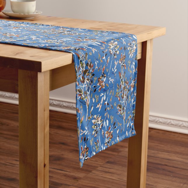 Elegant Blue Leaves Berries Botanical Pattern Short Table Runner (In Situ)