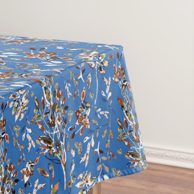 Elegant Blue Leaves Berries Botanical Pattern Tablecloth (In Situ)