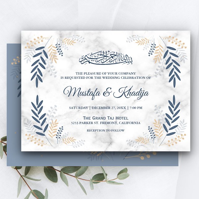 Elegant Blue Leaves Marble Islamic Muslim Wedding Invitation (Creator Uploaded)