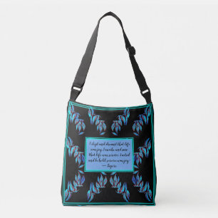 Elegant blue leaves on black and a Quote Crossbody Bag