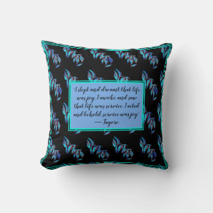 Elegant blue leaves on black and a Quote Cushion