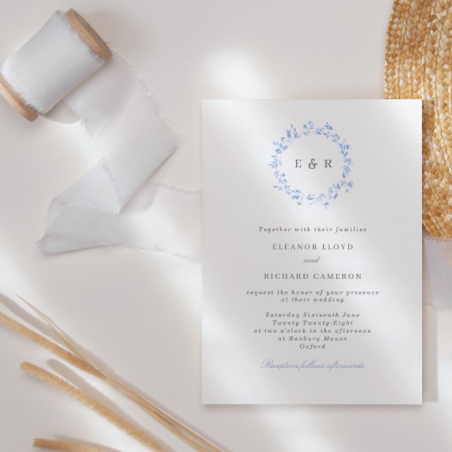 Elegant Blue Leaves Wreath Monogram Wedding Invitation (Creator Uploaded)