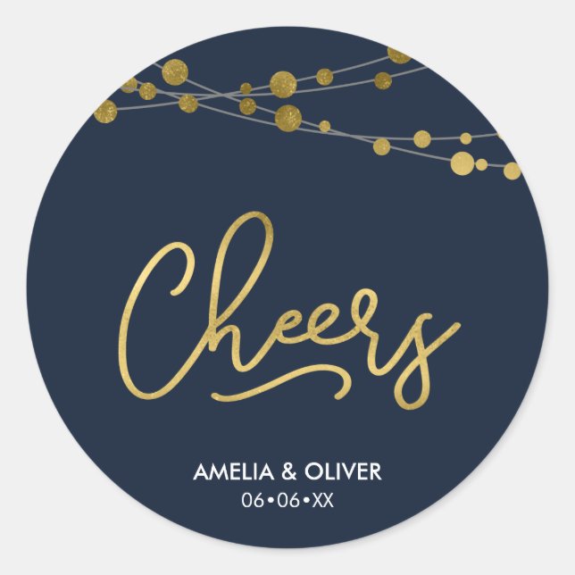 Elegant Blue Lights Faux Gold Cheers Classic Round Sticker (Front)