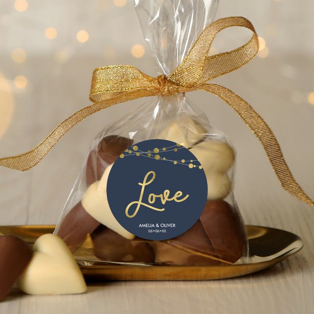 Elegant Blue Lights Faux Gold Wedding Love Classic Round Sticker (Creator Uploaded)