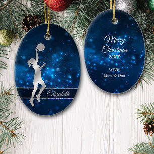 Elegant Blue Lights Glitter Basketball Player Ceramic Ornament