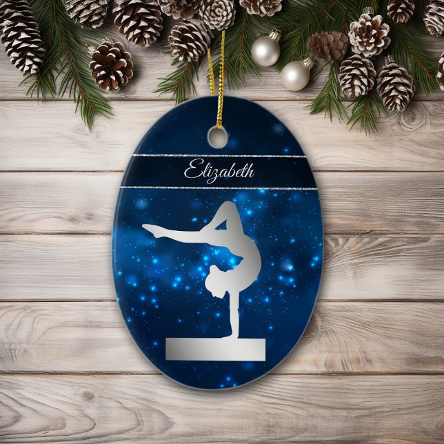 Elegant Blue Lights Silver Balance Beam Gymnast Ceramic Ornament (Creator Uploaded)
