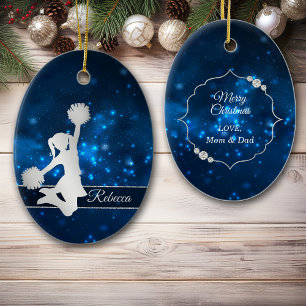 Elegant Blue Lights Silver Cheer Leader Ceramic Ornament