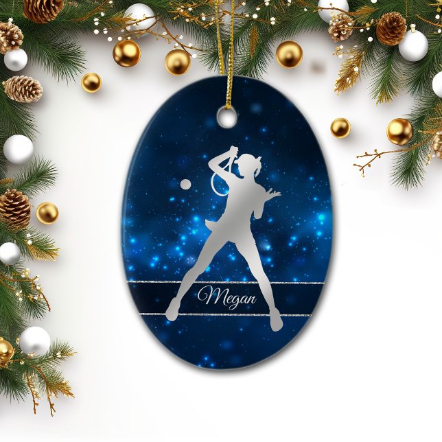 Elegant Blue Lights Silver Female Tennis Player Ceramic Ornament (Creator Uploaded)