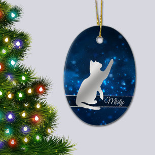 Elegant Blue Lights Silver Silhouette Playful Cat Ceramic Ornament