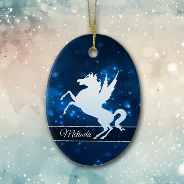 Elegant Blue Lights Silver Silhouette Unicorn Ceramic Ornament (Creator Uploaded)