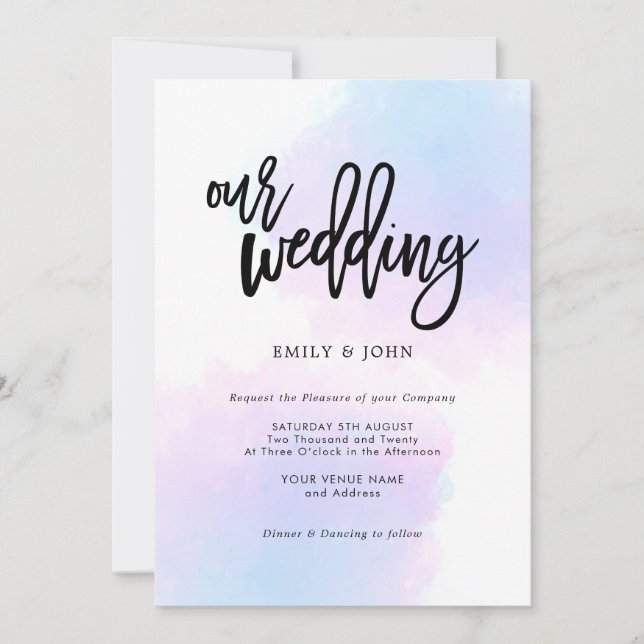 Elegant Blue/Lilac Watercolor/Black Script Wedding Invitation (Front)