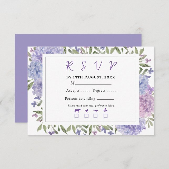 Elegant Blue Lilac Watercolor Hydrangeas Wedding RSVP Card (Front/Back)
