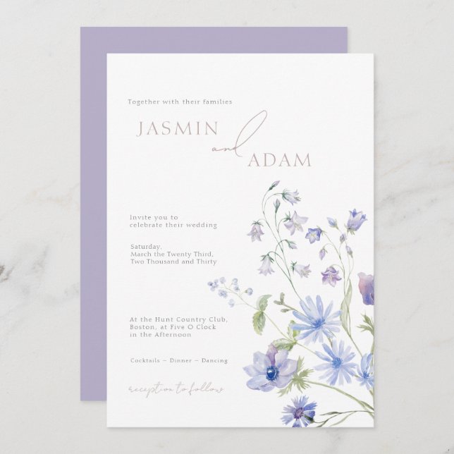 Elegant Blue & Lilac Wildflowers Wedding Invitation (Front/Back)