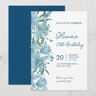 Elegant Blue Lily 27th Birthday Party Invitation