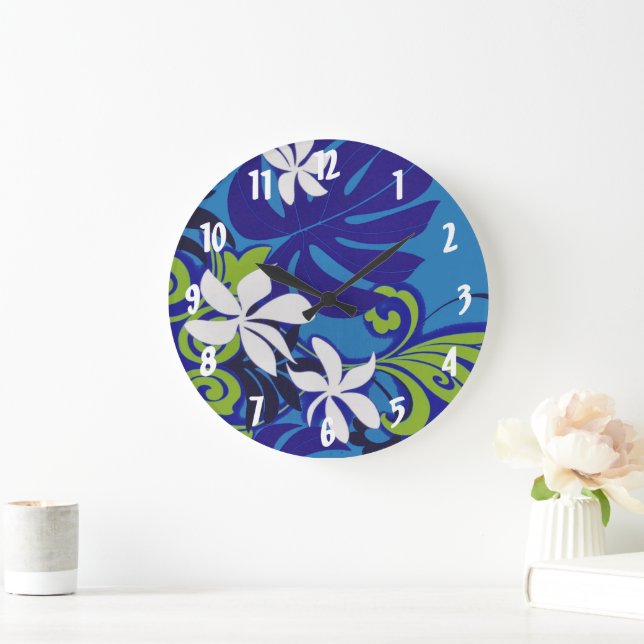 Elegant Blue Lime Green Hawaiian Flowers Pattern Large Clock (Home)