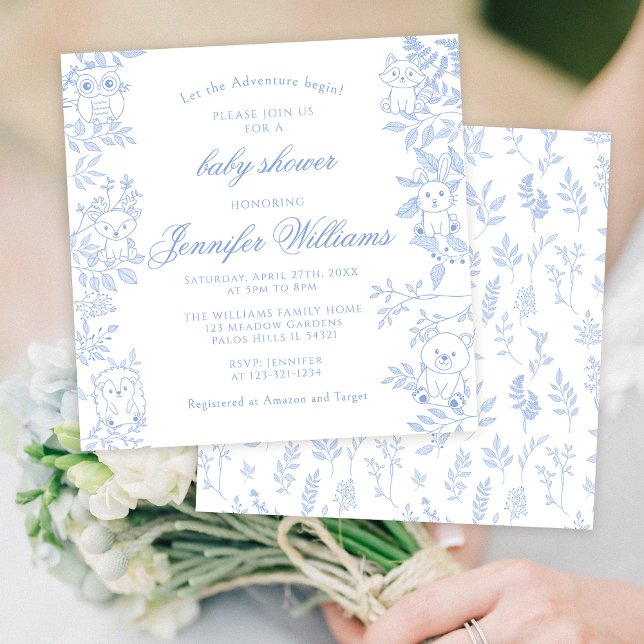 Elegant Blue Line Art Woodland Baby Boy Shower Invitation (Creator Uploaded)