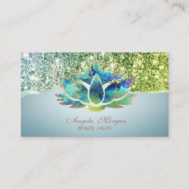 Elegant Blue Lotus Flower Glitter Border Business Card (Front)