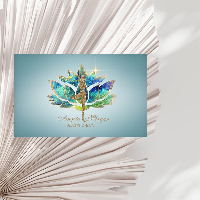 Elegant Blue Lotus Flower Glitter Yoga Girl Business Card (Creator Uploaded)
