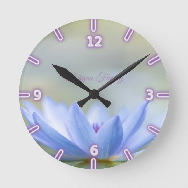 Elegant Blue Lotus Round Clock (Front)