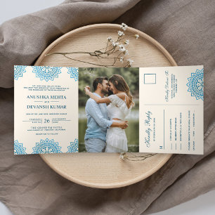 Elegant Blue Mandala Traditional Indian Wedding Tri-Fold Invitation
