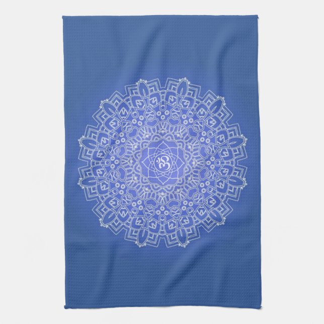Elegant Blue Mandala with OM Tea Towel (Vertical)